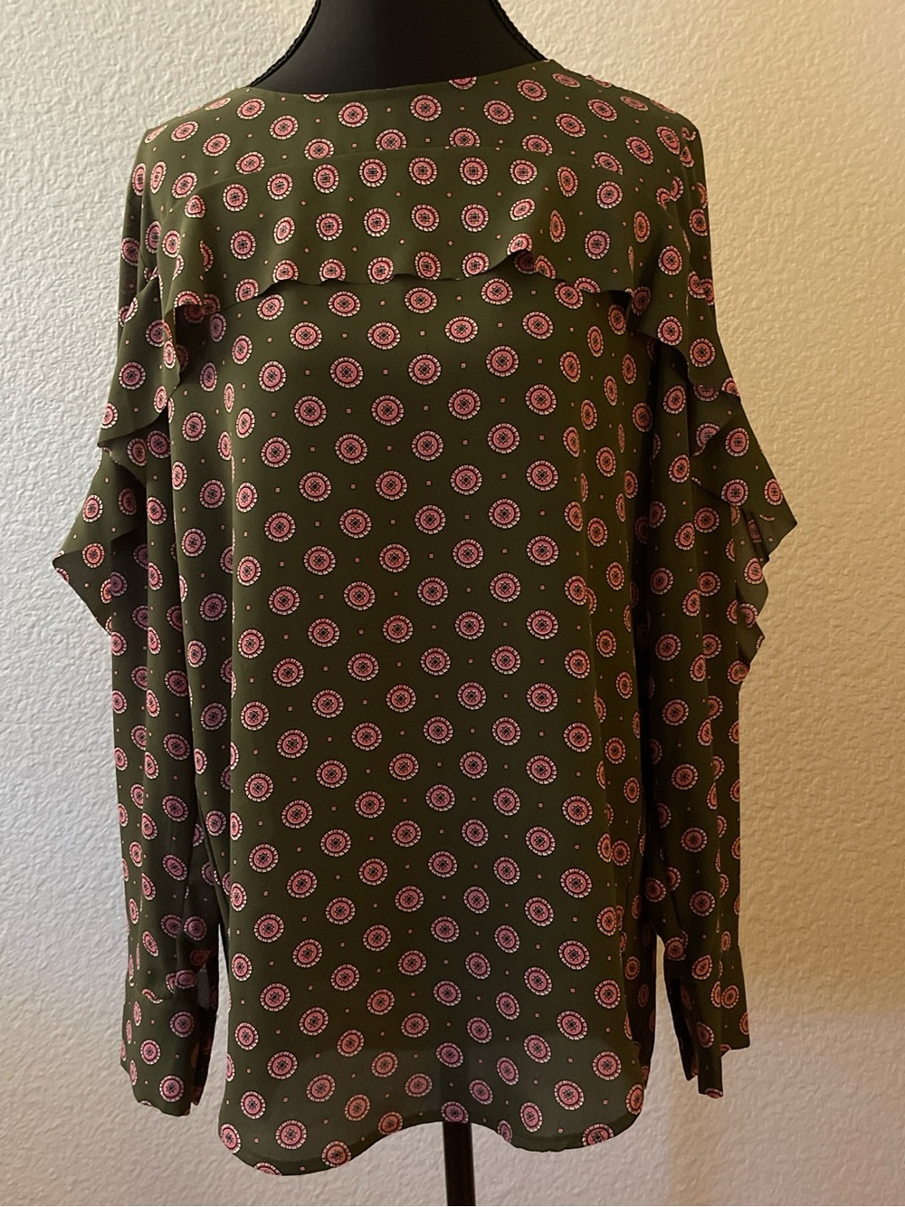 Banana Republic Olive Green Blouse with Pink Paisley Motif